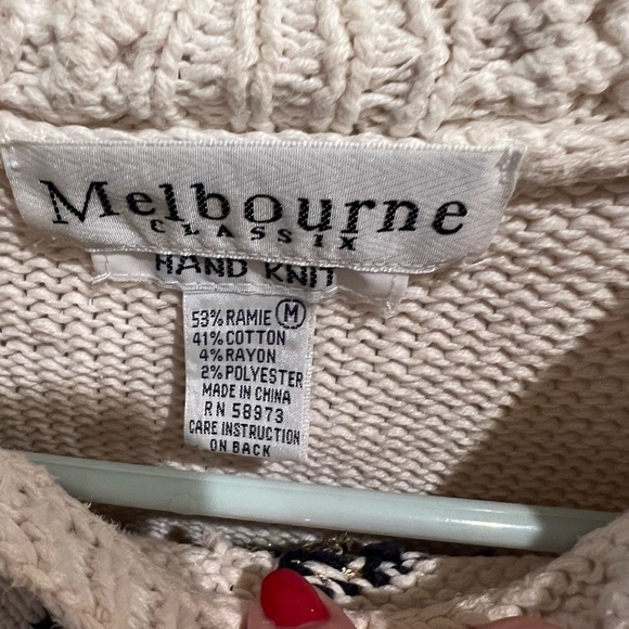 Melbourne HAND KNIT Medium Cozy Cream and Gold Nautical Crew Neck Sweater - Picture 3 of 10